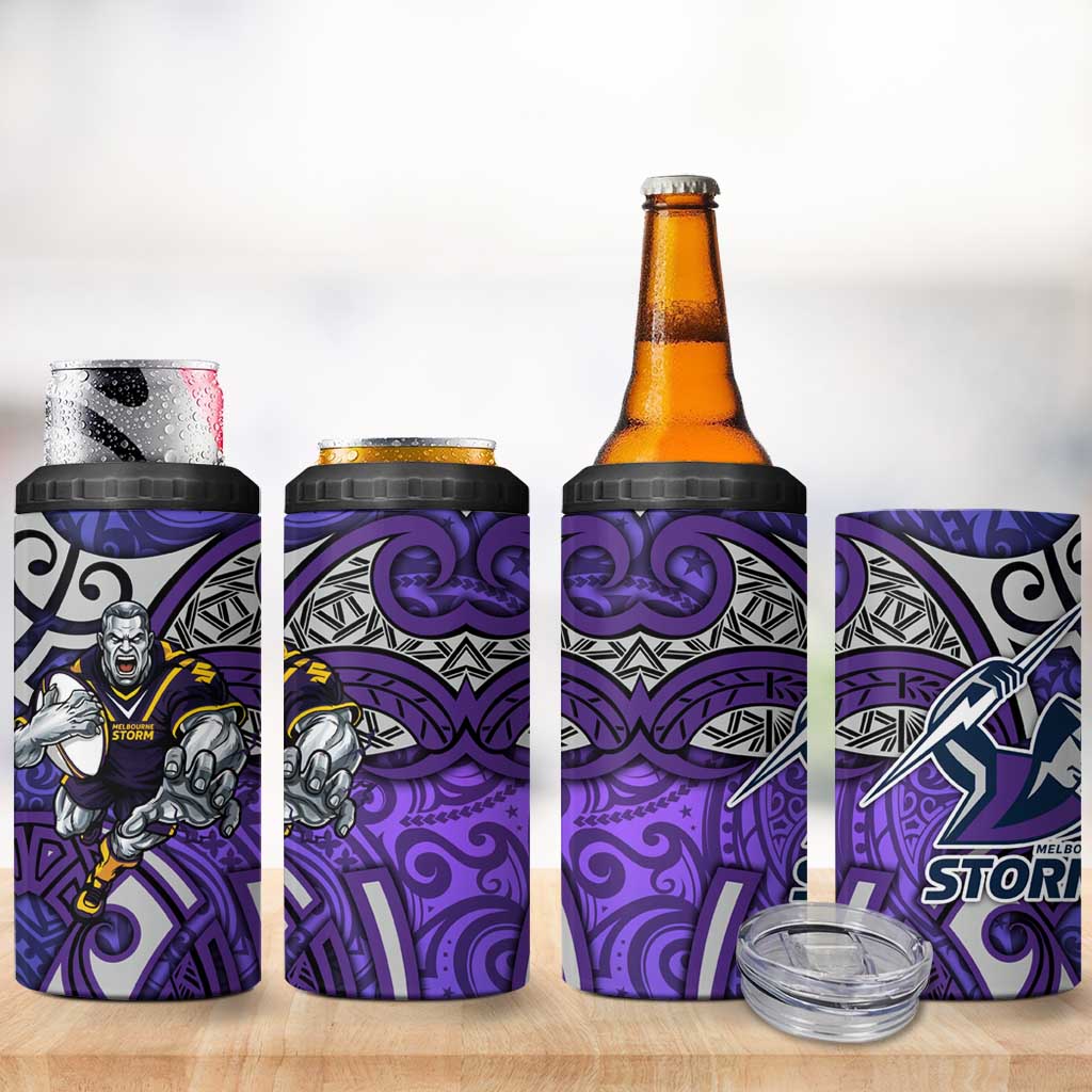 Melbourne Storm Rugby 4 in 1 Can Cooler Tumbler Polynesian Tribal Warrior Lightning Purple Pattern