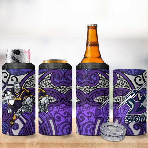 Melbourne Storm Rugby 4 in 1 Can Cooler Tumbler Polynesian Tribal Warrior Lightning Purple Pattern