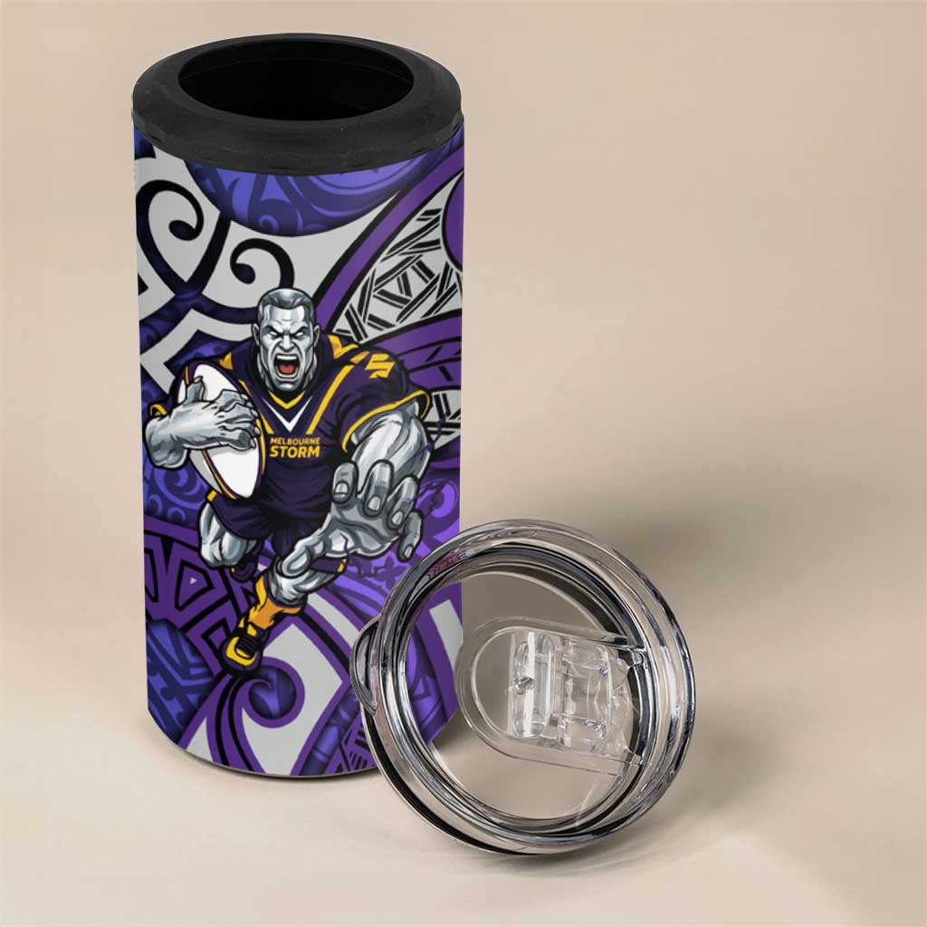Melbourne Storm Rugby 4 in 1 Can Cooler Tumbler Polynesian Tribal Warrior Lightning Purple Pattern