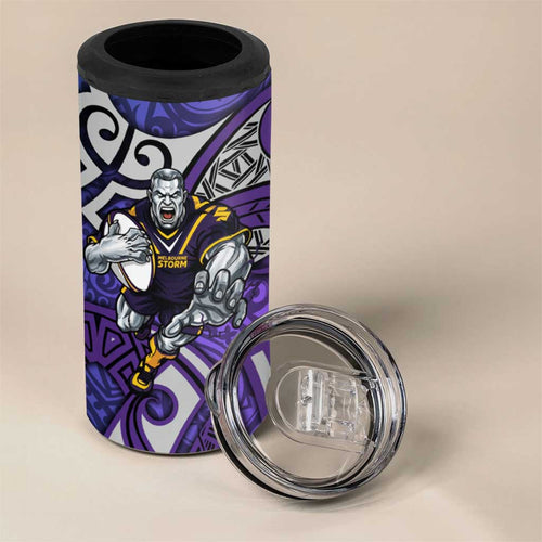 Melbourne Storm Rugby 4 in 1 Can Cooler Tumbler Polynesian Tribal Warrior Lightning Purple Pattern