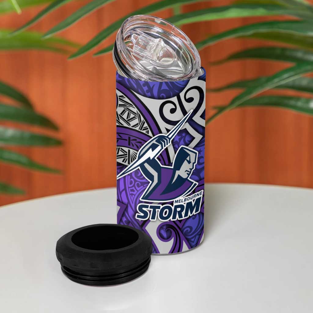 Melbourne Storm Rugby 4 in 1 Can Cooler Tumbler Polynesian Tribal Warrior Lightning Purple Pattern