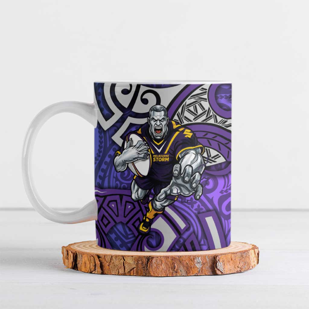Melbourne Storm Rugby Ceramic Mug Polynesian Tribal Warrior Lightning Purple Pattern