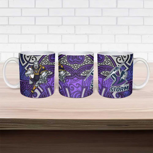 Melbourne Storm Rugby Ceramic Mug Polynesian Tribal Warrior Lightning Purple Pattern