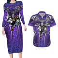 Melbourne Storm Rugby Couples Matching Long Sleeve Bodycon Dress and Hawaiian Shirt Polynesian Tribal Warrior Lightning Purple Pattern