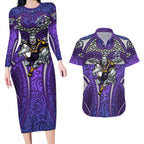 Melbourne Storm Rugby Couples Matching Long Sleeve Bodycon Dress and Hawaiian Shirt Polynesian Tribal Warrior Lightning Purple Pattern