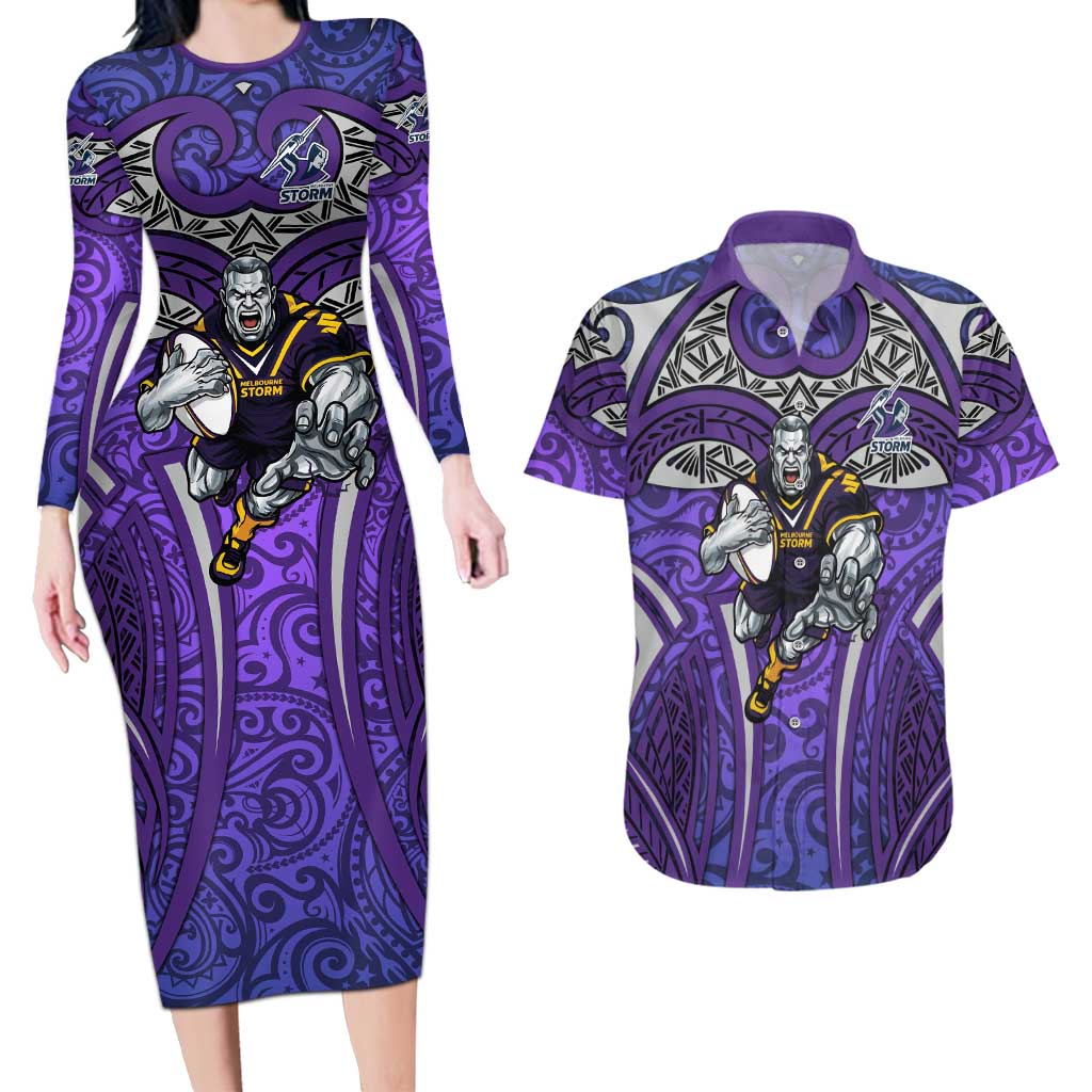 Melbourne Storm Rugby Couples Matching Long Sleeve Bodycon Dress and Hawaiian Shirt Polynesian Tribal Warrior Lightning Purple Pattern
