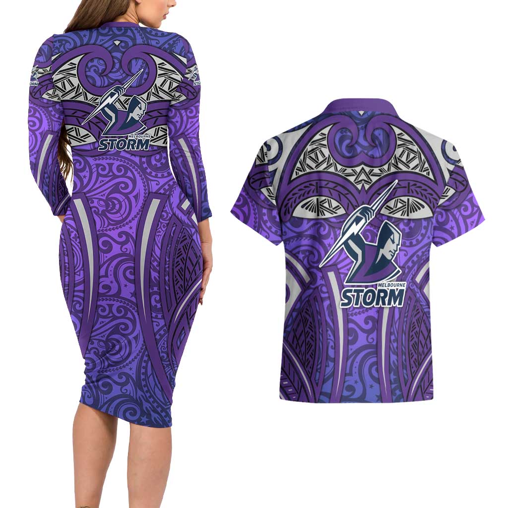 Melbourne Storm Rugby Couples Matching Long Sleeve Bodycon Dress and Hawaiian Shirt Polynesian Tribal Warrior Lightning Purple Pattern