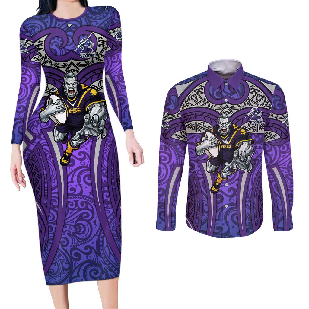 Melbourne Storm Rugby Couples Matching Long Sleeve Bodycon Dress and Long Sleeve Button Shirt Polynesian Tribal Warrior Lightning Purple Pattern