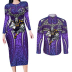 Melbourne Storm Rugby Couples Matching Long Sleeve Bodycon Dress and Long Sleeve Button Shirt Polynesian Tribal Warrior Lightning Purple Pattern
