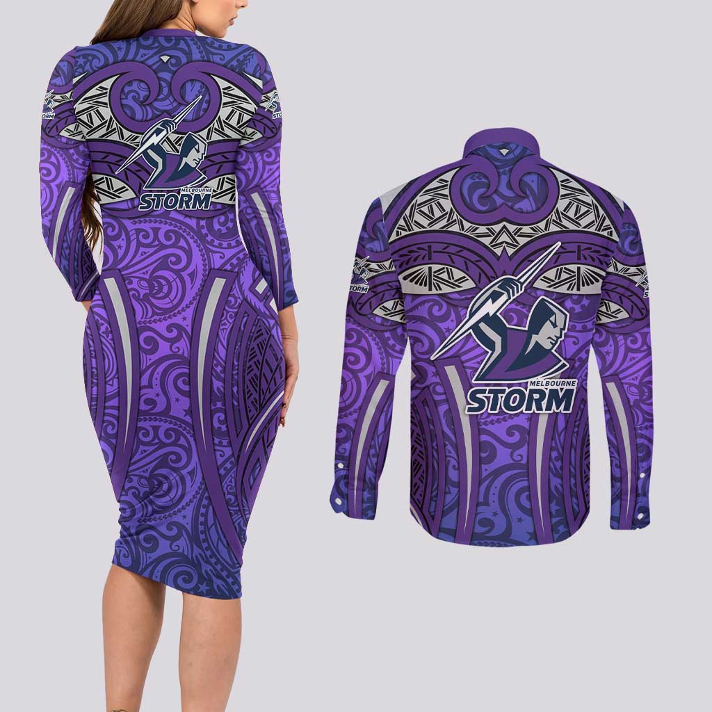 Melbourne Storm Rugby Couples Matching Long Sleeve Bodycon Dress and Long Sleeve Button Shirt Polynesian Tribal Warrior Lightning Purple Pattern
