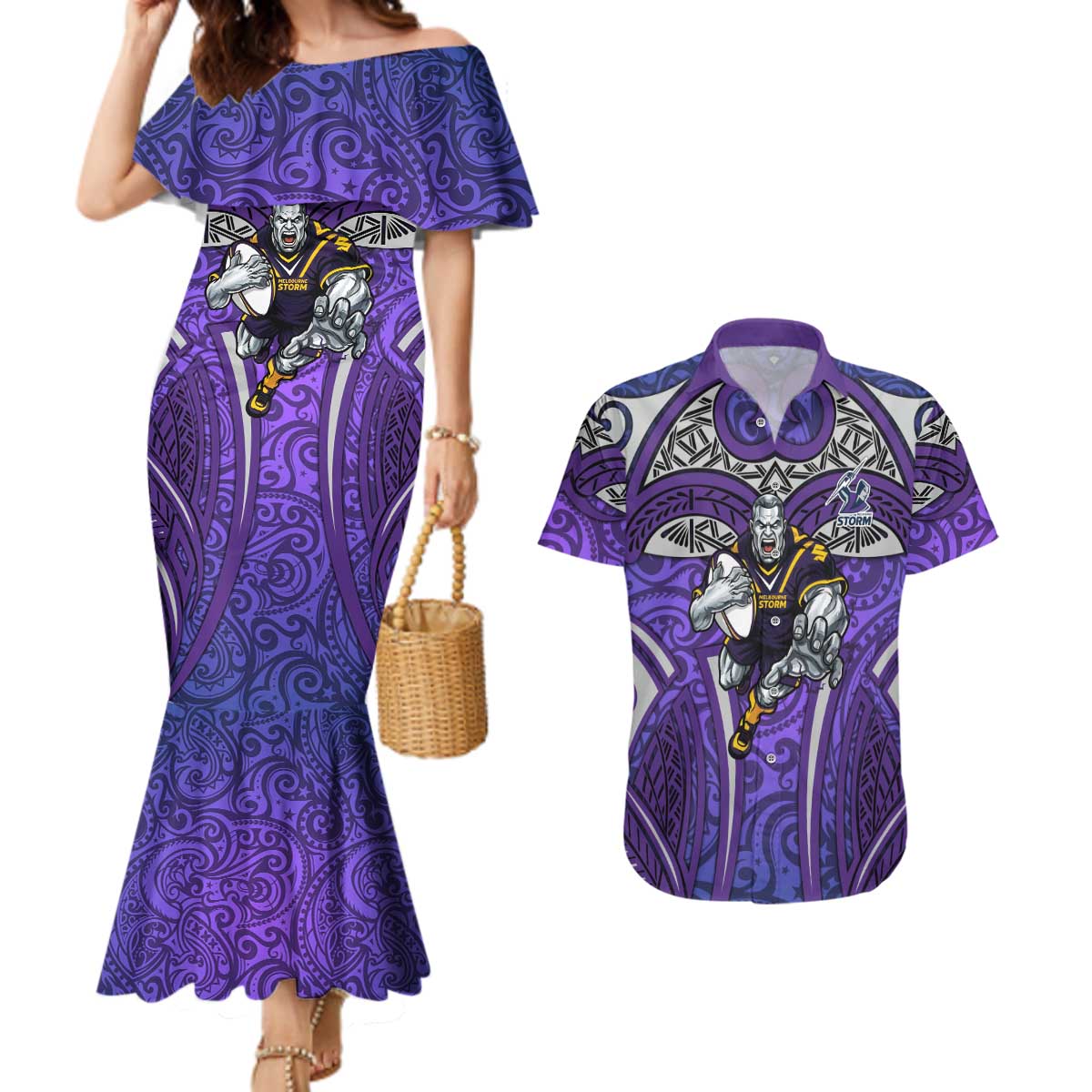 Melbourne Storm Rugby Couples Matching Mermaid Dress and Hawaiian Shirt Polynesian Tribal Warrior Lightning Purple Pattern