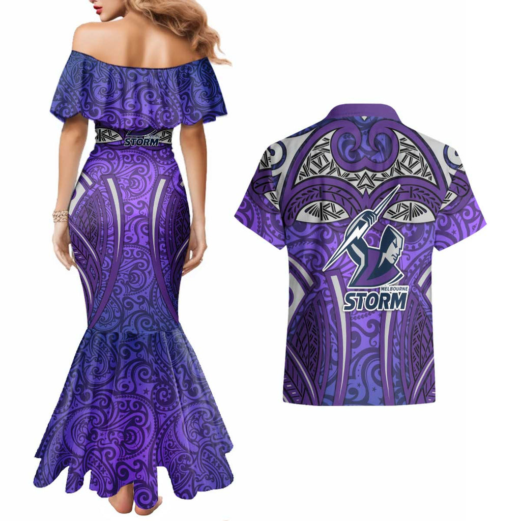 Melbourne Storm Rugby Couples Matching Mermaid Dress and Hawaiian Shirt Polynesian Tribal Warrior Lightning Purple Pattern