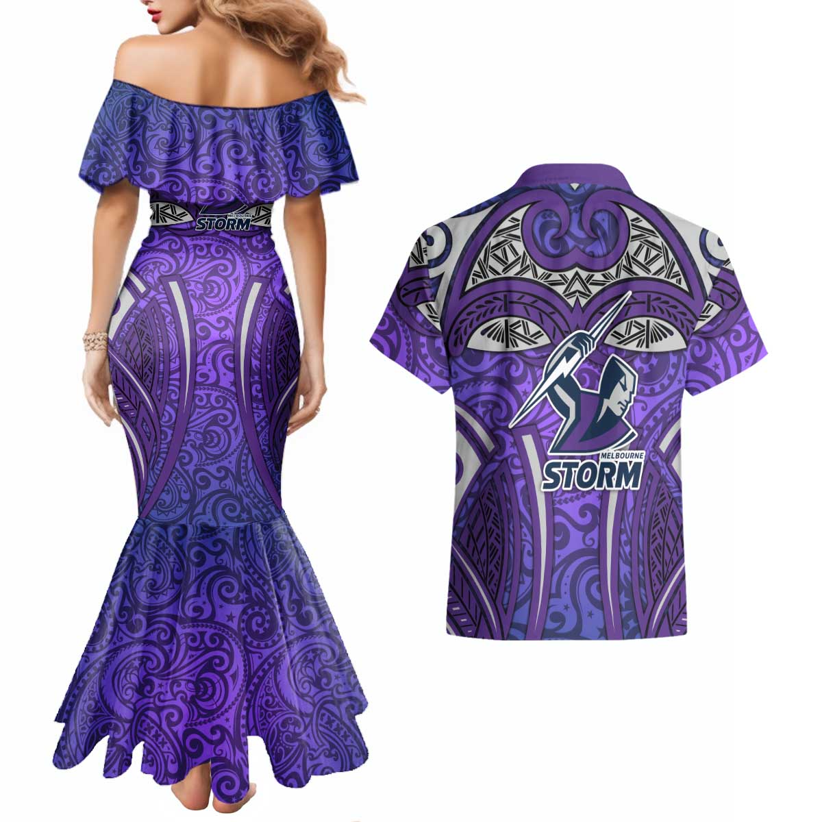 Melbourne Storm Rugby Couples Matching Mermaid Dress and Hawaiian Shirt Polynesian Tribal Warrior Lightning Purple Pattern