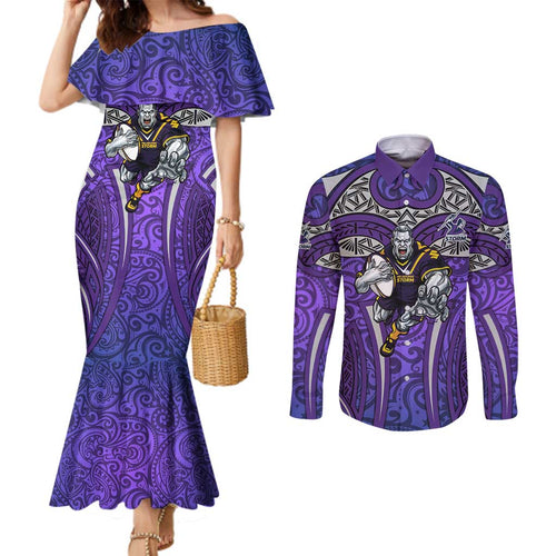 Melbourne Storm Rugby Couples Matching Mermaid Dress and Long Sleeve Button Shirt Polynesian Tribal Warrior Lightning Purple Pattern