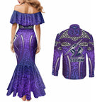 Melbourne Storm Rugby Couples Matching Mermaid Dress and Long Sleeve Button Shirt Polynesian Tribal Warrior Lightning Purple Pattern