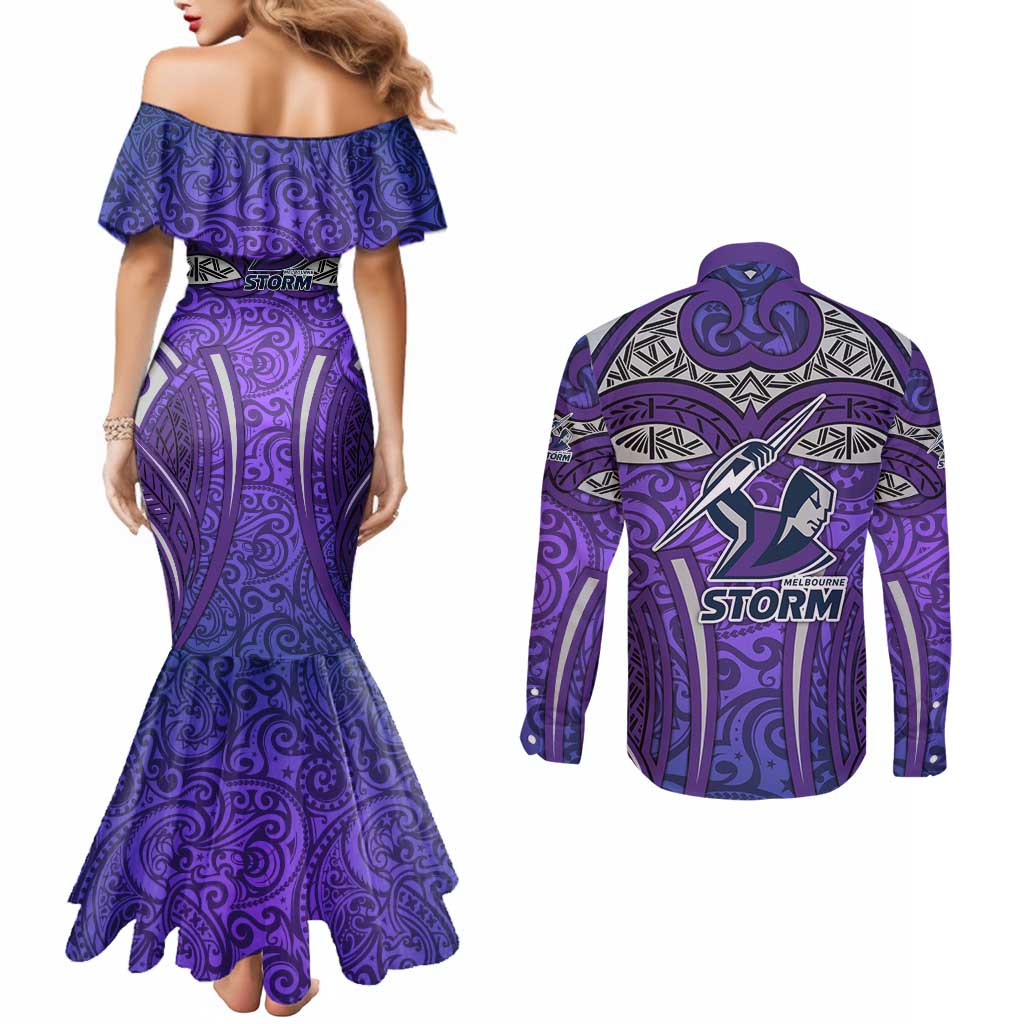 Melbourne Storm Rugby Couples Matching Mermaid Dress and Long Sleeve Button Shirt Polynesian Tribal Warrior Lightning Purple Pattern