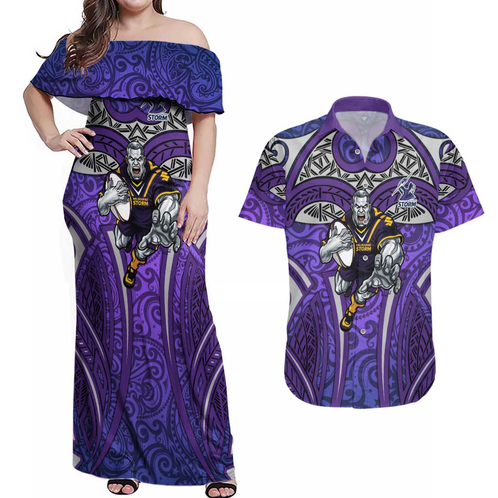 Melbourne Storm Rugby Couples Matching Off Shoulder Maxi Dress and Hawaiian Shirt Polynesian Tribal Warrior Lightning Purple Pattern