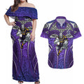 Melbourne Storm Rugby Couples Matching Off Shoulder Maxi Dress and Hawaiian Shirt Polynesian Tribal Warrior Lightning Purple Pattern