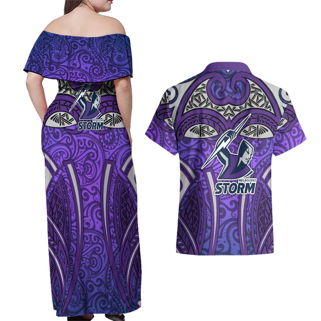 Melbourne Storm Rugby Couples Matching Off Shoulder Maxi Dress and Hawaiian Shirt Polynesian Tribal Warrior Lightning Purple Pattern