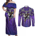 Melbourne Storm Rugby Couples Matching Off Shoulder Maxi Dress and Long Sleeve Button Shirt Polynesian Tribal Warrior Lightning Purple Pattern