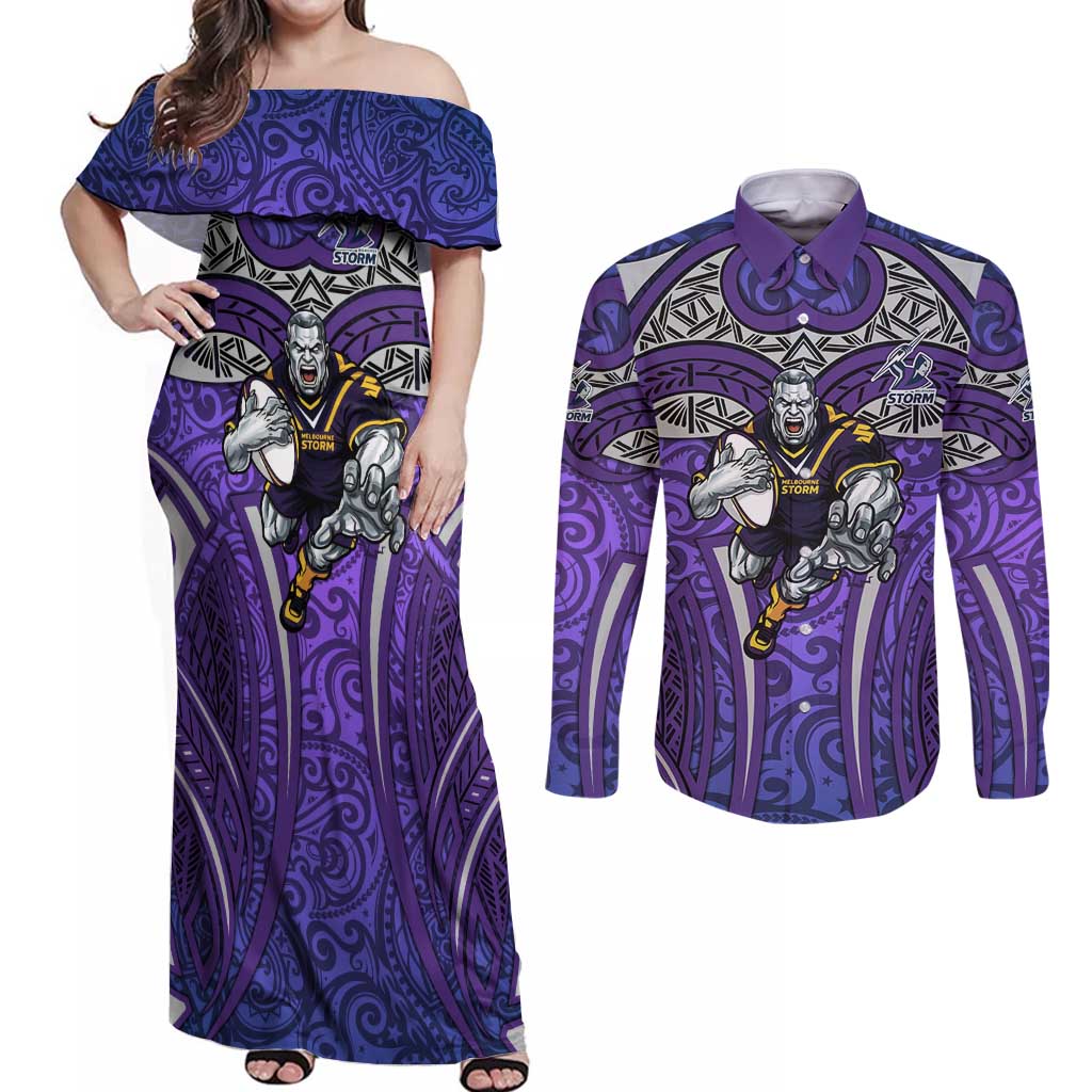 Melbourne Storm Rugby Couples Matching Off Shoulder Maxi Dress and Long Sleeve Button Shirt Polynesian Tribal Warrior Lightning Purple Pattern