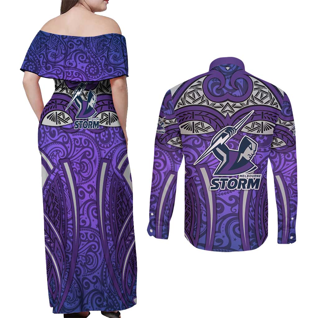 Melbourne Storm Rugby Couples Matching Off Shoulder Maxi Dress and Long Sleeve Button Shirt Polynesian Tribal Warrior Lightning Purple Pattern