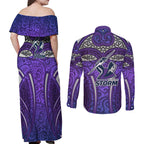 Melbourne Storm Rugby Couples Matching Off Shoulder Maxi Dress and Long Sleeve Button Shirt Polynesian Tribal Warrior Lightning Purple Pattern