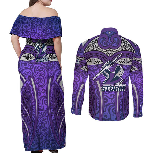 Melbourne Storm Rugby Couples Matching Off Shoulder Maxi Dress and Long Sleeve Button Shirt Polynesian Tribal Warrior Lightning Purple Pattern