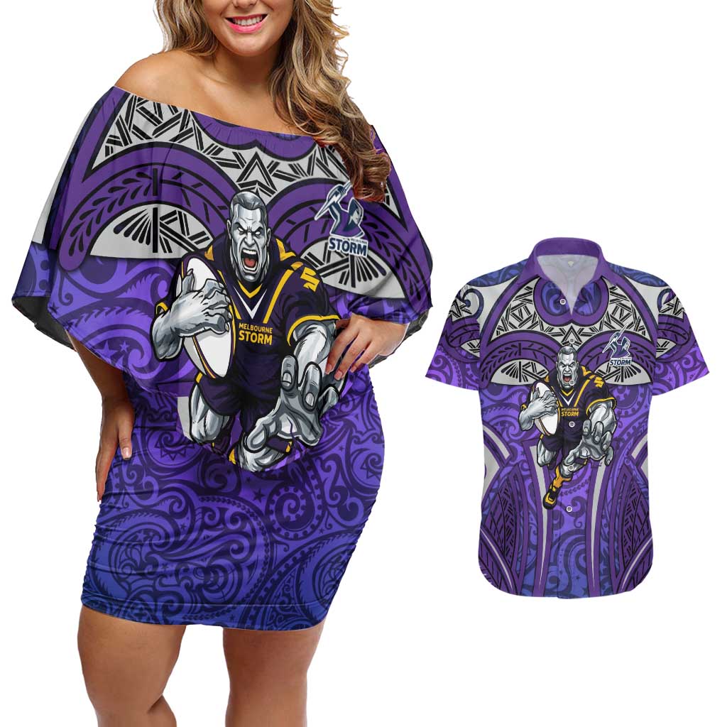 Melbourne Storm Rugby Couples Matching Off Shoulder Short Dress and Hawaiian Shirt Polynesian Tribal Warrior Lightning Purple Pattern