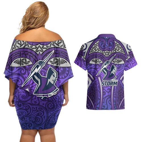 Melbourne Storm Rugby Couples Matching Off Shoulder Short Dress and Hawaiian Shirt Polynesian Tribal Warrior Lightning Purple Pattern