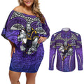 Melbourne Storm Rugby Couples Matching Off Shoulder Short Dress and Long Sleeve Button Shirt Polynesian Tribal Warrior Lightning Purple Pattern