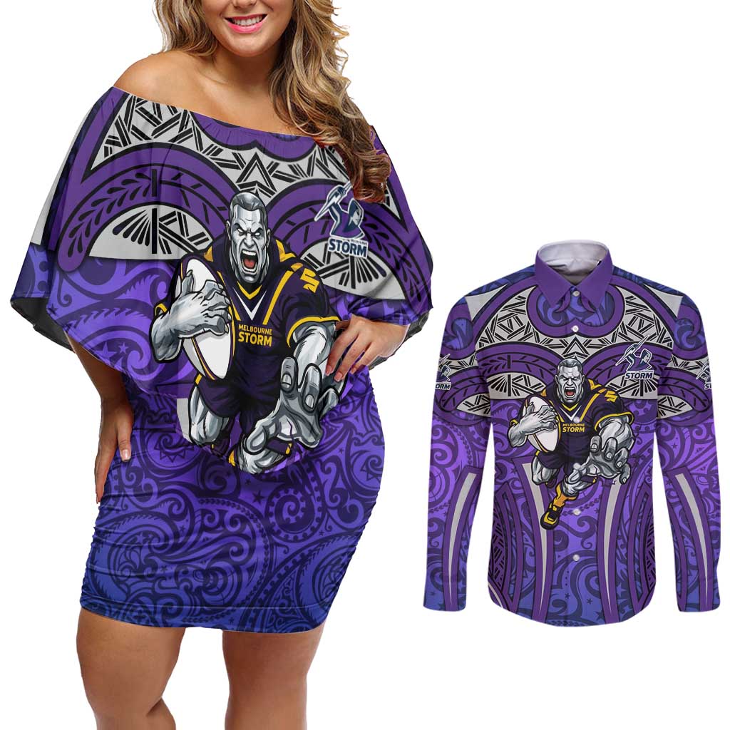 Melbourne Storm Rugby Couples Matching Off Shoulder Short Dress and Long Sleeve Button Shirt Polynesian Tribal Warrior Lightning Purple Pattern