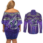 Melbourne Storm Rugby Couples Matching Off Shoulder Short Dress and Long Sleeve Button Shirt Polynesian Tribal Warrior Lightning Purple Pattern