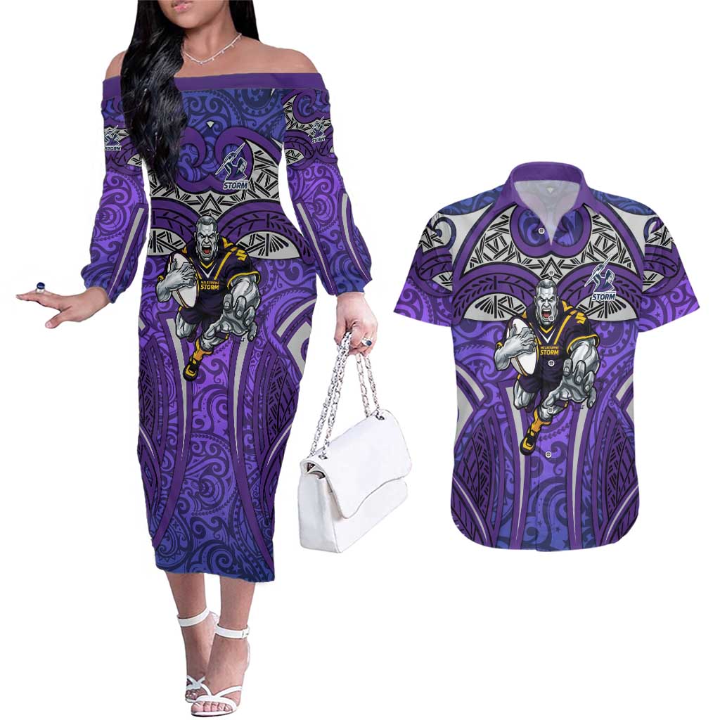 Melbourne Storm Rugby Couples Matching Off The Shoulder Long Sleeve Dress and Hawaiian Shirt Polynesian Tribal Warrior Lightning Purple Pattern