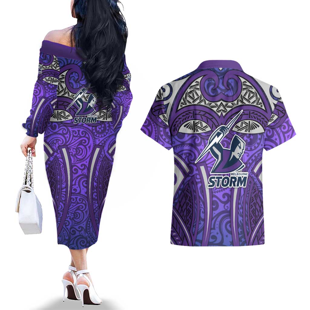 Melbourne Storm Rugby Couples Matching Off The Shoulder Long Sleeve Dress and Hawaiian Shirt Polynesian Tribal Warrior Lightning Purple Pattern