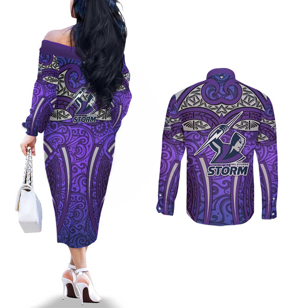 Melbourne Storm Rugby Couples Matching Off The Shoulder Long Sleeve Dress and Long Sleeve Button Shirt Polynesian Tribal Warrior Lightning Purple Pattern