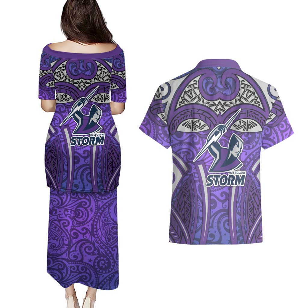 Melbourne Storm Rugby Couples Matching Puletasi and Hawaiian Shirt Polynesian Tribal Warrior Lightning Purple Pattern