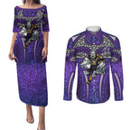 Melbourne Storm Rugby Couples Matching Puletasi and Long Sleeve Button Shirt Polynesian Tribal Warrior Lightning Purple Pattern