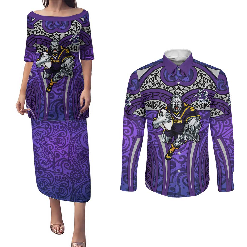 Melbourne Storm Rugby Couples Matching Puletasi and Long Sleeve Button Shirt Polynesian Tribal Warrior Lightning Purple Pattern