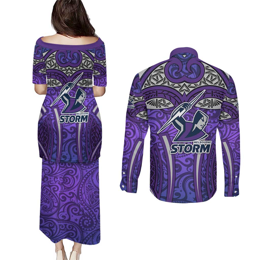 Melbourne Storm Rugby Couples Matching Puletasi and Long Sleeve Button Shirt Polynesian Tribal Warrior Lightning Purple Pattern