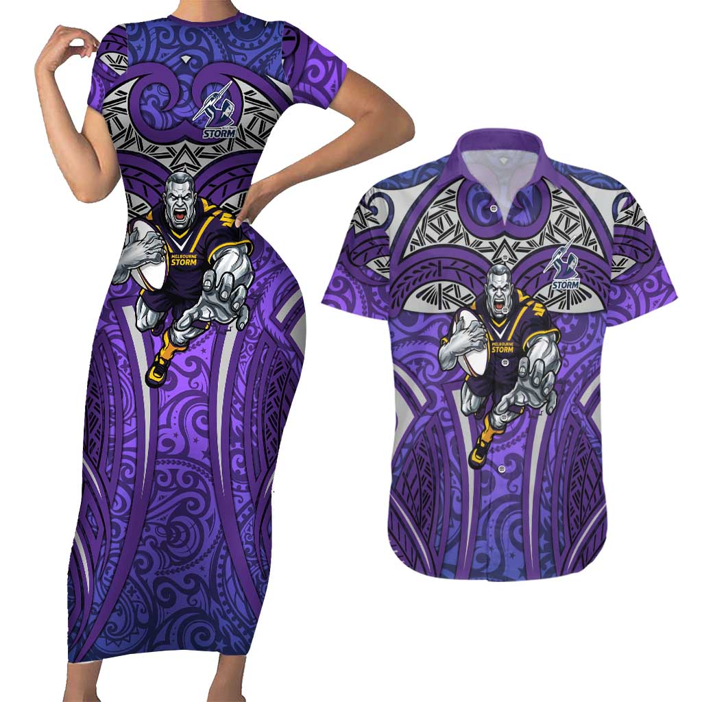 Melbourne Storm Rugby Couples Matching Short Sleeve Bodycon Dress and Hawaiian Shirt Polynesian Tribal Warrior Lightning Purple Pattern