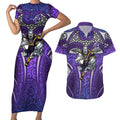 Melbourne Storm Rugby Couples Matching Short Sleeve Bodycon Dress and Hawaiian Shirt Polynesian Tribal Warrior Lightning Purple Pattern