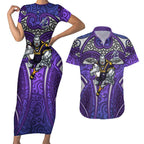 Melbourne Storm Rugby Couples Matching Short Sleeve Bodycon Dress and Hawaiian Shirt Polynesian Tribal Warrior Lightning Purple Pattern