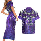 Melbourne Storm Rugby Couples Matching Short Sleeve Bodycon Dress and Hawaiian Shirt Polynesian Tribal Warrior Lightning Purple Pattern
