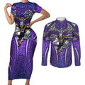Melbourne Storm Rugby Couples Matching Short Sleeve Bodycon Dress and Long Sleeve Button Shirt Polynesian Tribal Warrior Lightning Purple Pattern