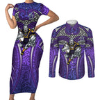 Melbourne Storm Rugby Couples Matching Short Sleeve Bodycon Dress and Long Sleeve Button Shirt Polynesian Tribal Warrior Lightning Purple Pattern