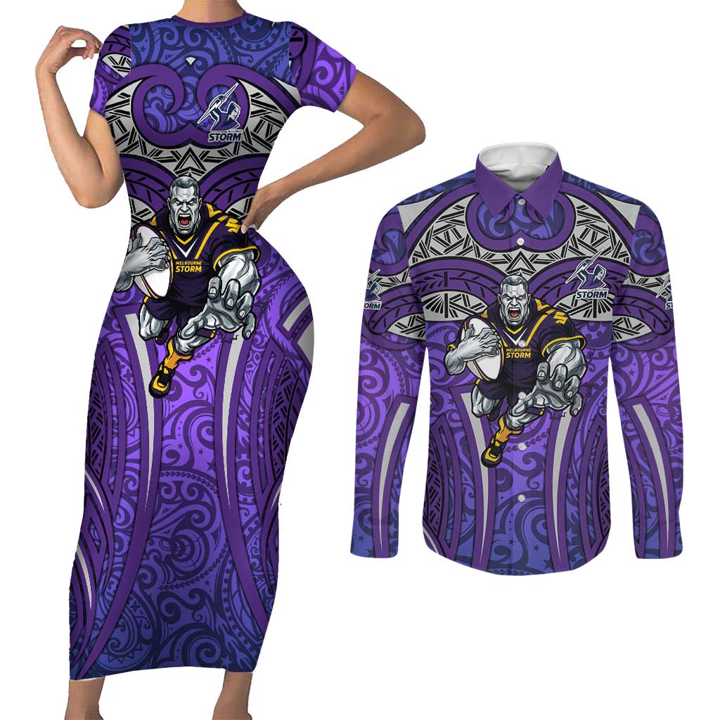 Melbourne Storm Rugby Couples Matching Short Sleeve Bodycon Dress and Long Sleeve Button Shirt Polynesian Tribal Warrior Lightning Purple Pattern