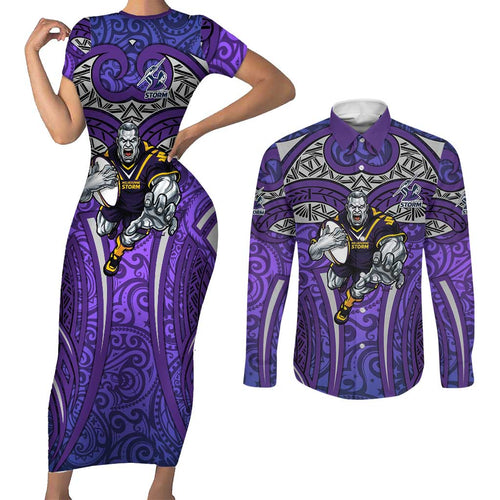 Melbourne Storm Rugby Couples Matching Short Sleeve Bodycon Dress and Long Sleeve Button Shirt Polynesian Tribal Warrior Lightning Purple Pattern
