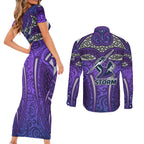 Melbourne Storm Rugby Couples Matching Short Sleeve Bodycon Dress and Long Sleeve Button Shirt Polynesian Tribal Warrior Lightning Purple Pattern