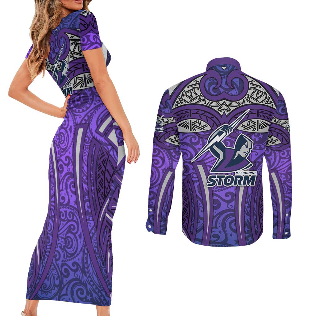 Melbourne Storm Rugby Couples Matching Short Sleeve Bodycon Dress and Long Sleeve Button Shirt Polynesian Tribal Warrior Lightning Purple Pattern